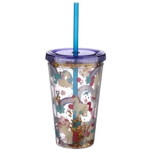 Image of Unicorn Design Glitter Double Walled Cup with Lid and Straw