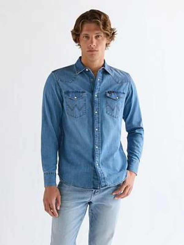 Image of Wrangler Denim shirt Wrangler Western Mid Light Whash Bleu Male XL
