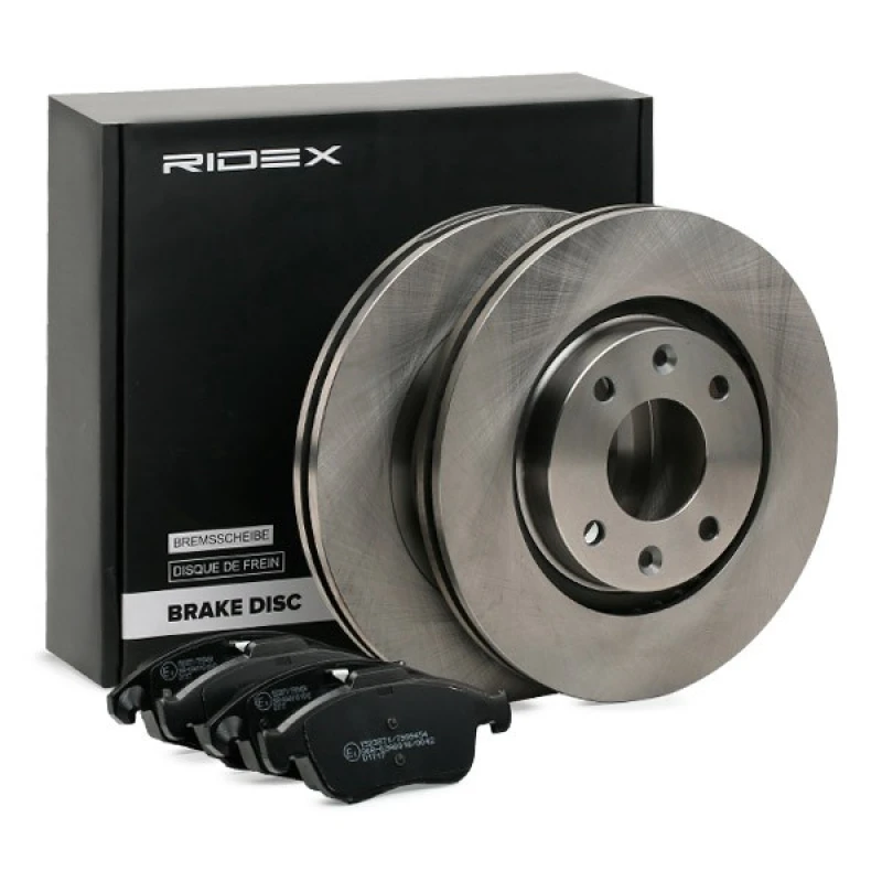 Image of RIDEX 3405B1445 Brake disc and pads set Front Axle, Brake Disc Type: Externally Vented, not prepared for wear warning indicator, with piston clip Bra