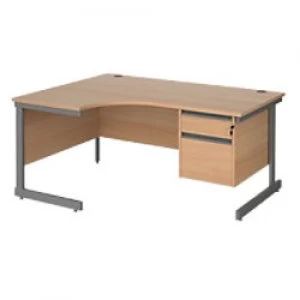 Image of Left Hand Ergonomic Desk with 2 Lockable Drawers Pedestal and Beech Coloured MFC Top with Graphite Frame Cantilever Legs Contract 25 1600 x 1200 x 725