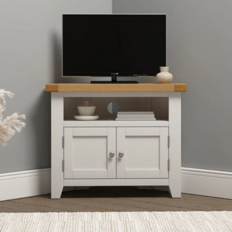 Image of Seconique Windsor Corner TV Unit Ivory With Oak Top Fully Assembled