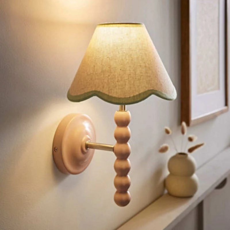 Image of Valuelights Bobbin Pink Wall Light With Green Trim Scallop Shade