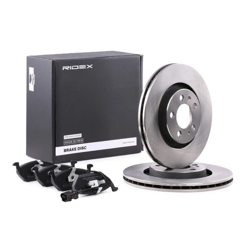 Image of RIDEX 3405B0007 Brake disc and pads set Front Axle, Brake Disc Type: Vented, incl. wear warning contact Brake Set,disc brakes (3405)