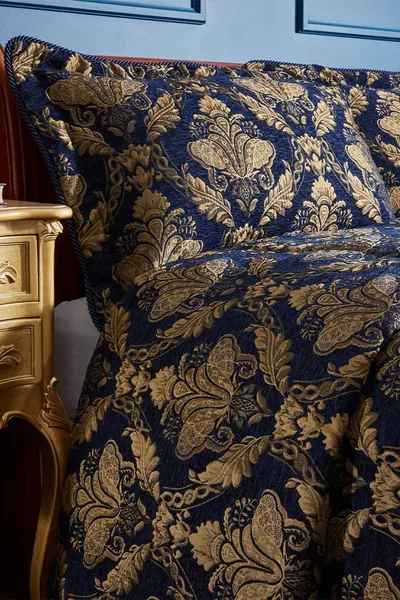 image of Paoletti Shiraz Traditional Damask Jacquard Floral Piped Pillow Sham Navy