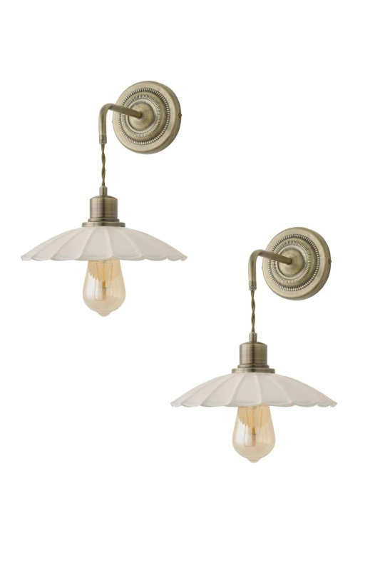 Image of ValueLights Holborn Pair of Brushed Gold Wall Lights with Scallop Shades & Bulbs Gold Unisex