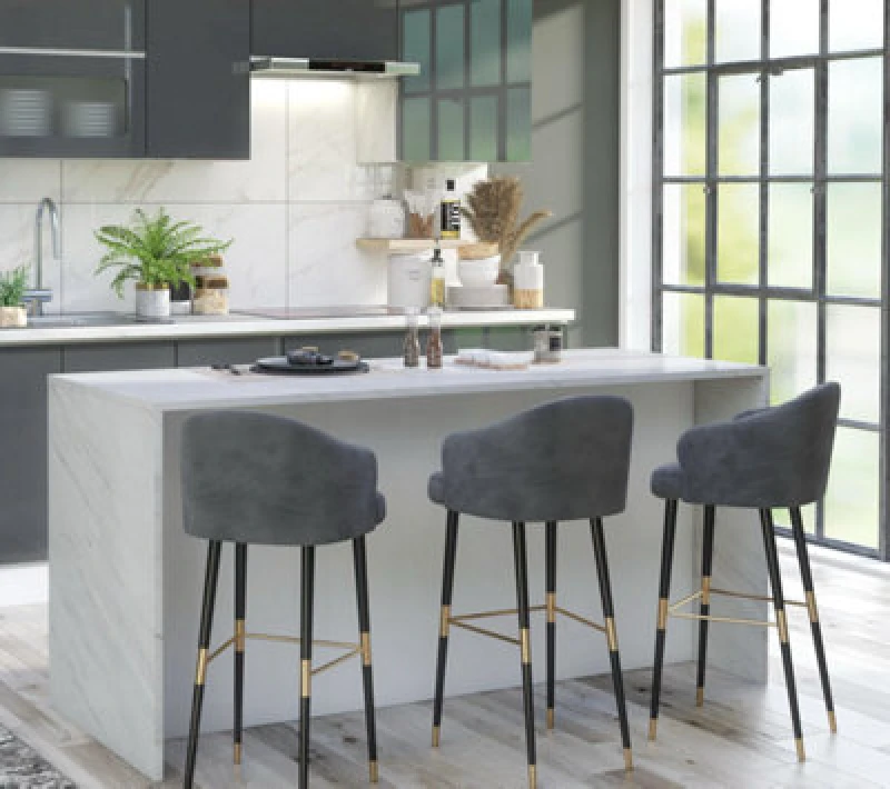 Image of Furneo Kitchen Island Modern Breakfast Bar Cupboard White Marble Grey Stone Effect Ki06