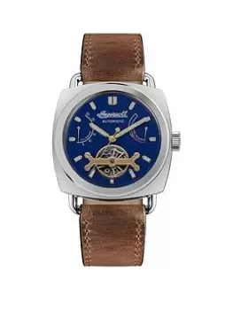 image of Ingersoll The Nashville Automatic Mens Watch With Blue Dial And Tan Leather Strap - I13001