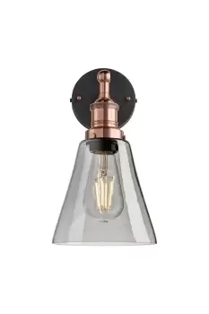 Image of Brooklyn Tinted Glass Flask Wall Light, 6 Inch, Smoke Grey, Copper Holder