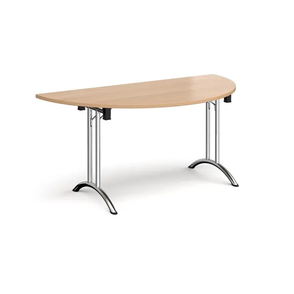 image of Semi Circular Folding Meeting Table with Chrome Curved Legs - 1600mm - Beech