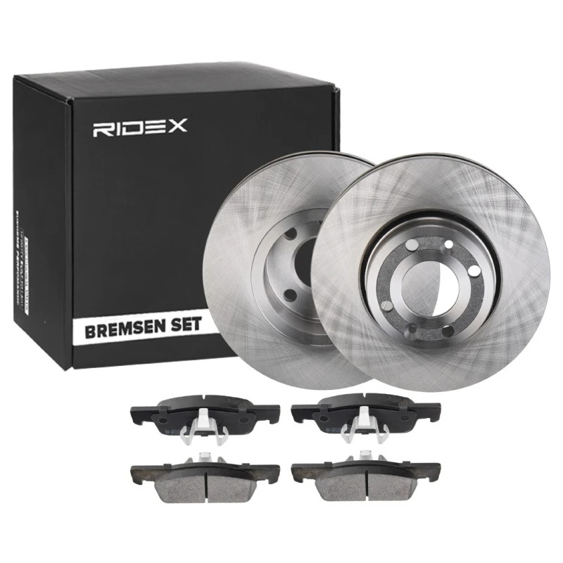 Image of RIDEX 3405B1370 Brake disc and pads set Front Axle, Brake Disc Type: Externally Vented, not prepared for wear warning indicator, with piston clip Bra