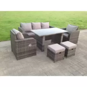 Image of Fimous 5 Seater Outdoor Dark Grey Rattan Lounge Complete Sofa Set with Adjustable Chair, Oblong Rectangular Dining Black Glass Table, and 2 Stools