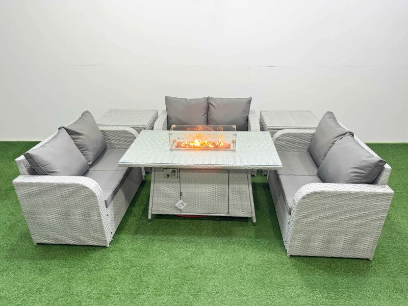 Image of Fimous 6 Seater PE Wicker Rattan Furniture Sofa Sets with Firepit Dining Table 2 Seater Love Sofa 2 Side Table Light Grey Light Grey