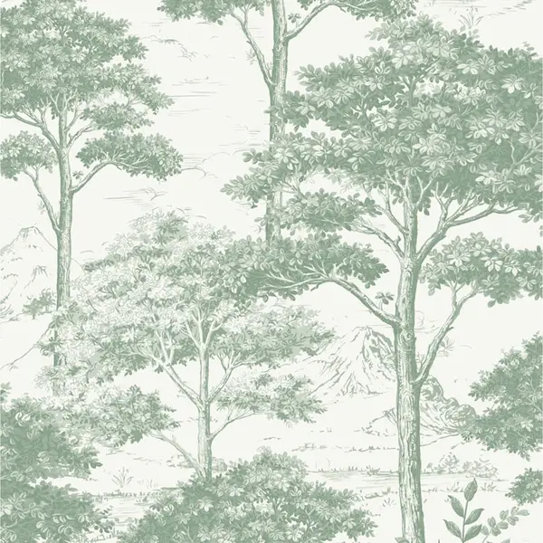 Image of Grandeco Etched Tree Toile Textured Wallpaper - Sage Green Green