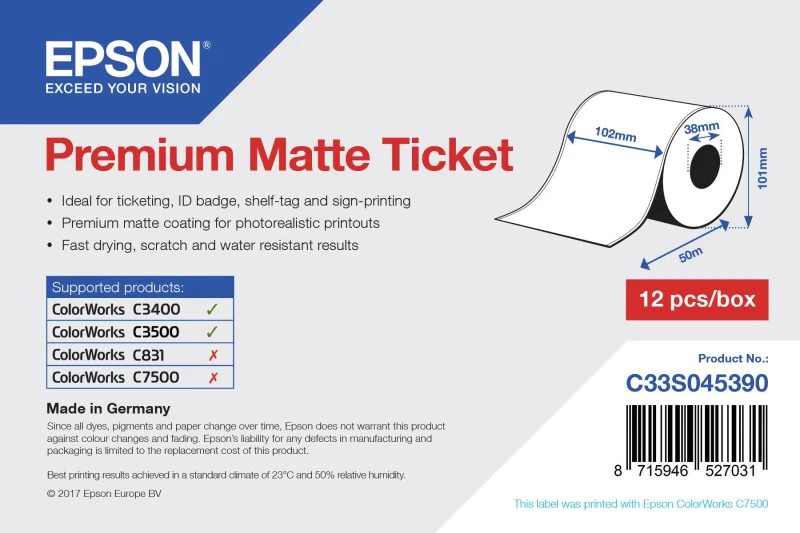 Image of Epson C33S045390 Premium Matte White Continuous Ticket Roll 102mm x 50m (Original)