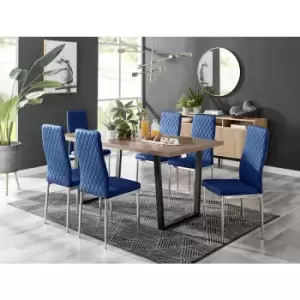 Image of Furniturebox UK - Furniturebox Kylo Brown Wood Effect Dining Table & 6 Navy Milan Velvet Dining Chairs Diamond Stitch Modern Contemporary Chrome Metal