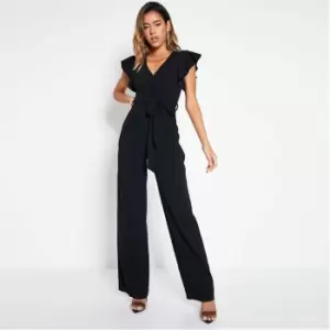 Image of I Saw It First Stretch Woven Frill Sleeve Plunge Culotte Jumpsuit - Black