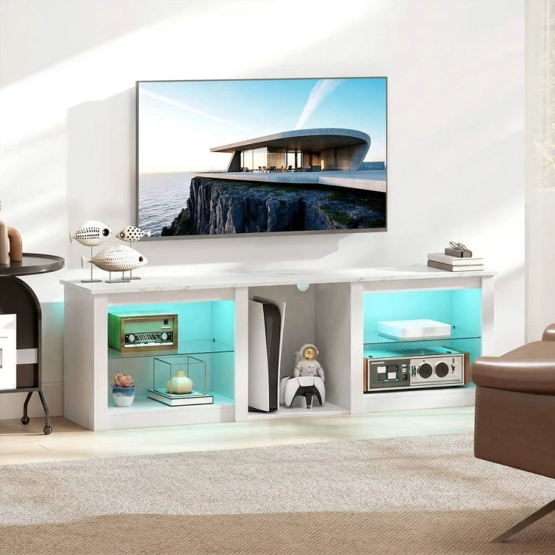 Image of HOMCOM 160cm TV Unit w/ LED Lights for 70" TV Modern TV Stand Cabinet in White White Unisex