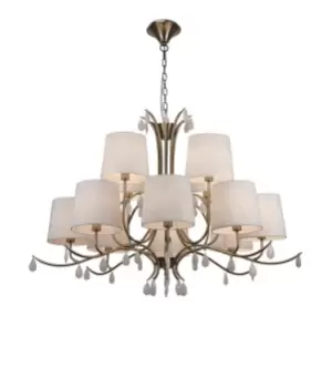 image of Andrea Ceiling Pendant 100cm Round, 8+4 x E14 (Max 20W), Antique Brass, White Shades, White Crystal Droplets