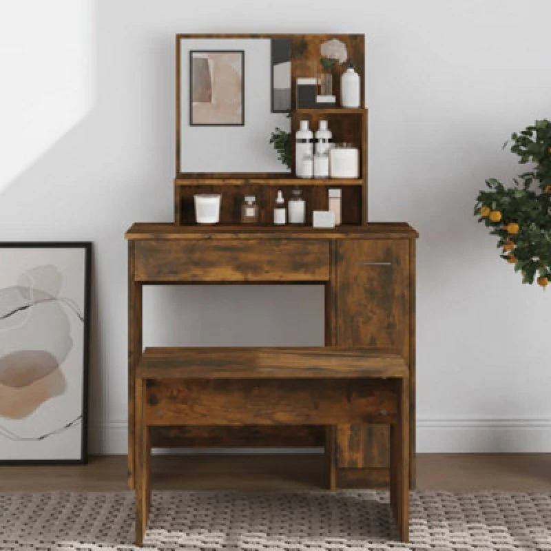 Image of Vidaxl Dressing Table With Mirror Smoked Oak 86.5X35X136 Cm, Brown 820493