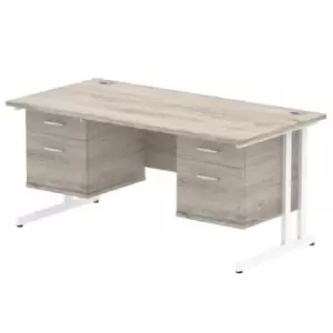 Image of Impulse 1600 Rectangle White Cant Leg Desk Grey Oak 2 x 2 Drawer Fixed Ped