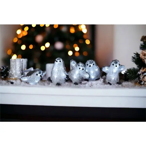 image of Set of 5 Acrylic Outdoor/Indoor Christmas Penguins Battery Operated with 8 LED Light's Per Birds and On/Off Timer ELV-351881