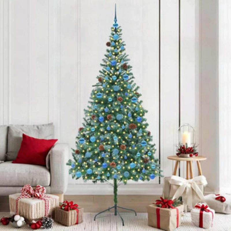 Image of vidaXL Artificial Christmas Tree with Stand, Blue Balls Green 210cm PVC and Steel, Green 3396730