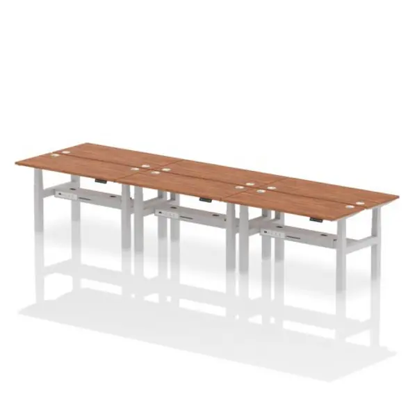 Image of Air Air Back-to-Back 1400 x 600mm Height Adjustable 6 Person Bench Desk Walnut Top with Cable Ports Silver Frame HASCP6P14600WNTS