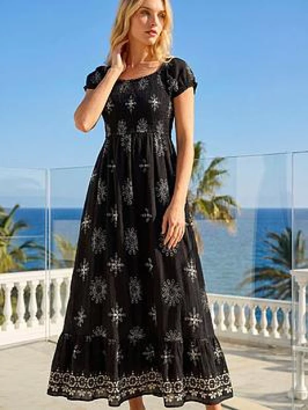 Image of Roman Womens Broderie Shirred Maxi Dress in Black Size: 16 Black Female 16