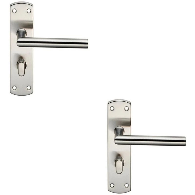 Image of Loops 2x Mitred Lever on Bathroom Backplate Door Handle Thumbturn Lock Satin Steel Metallics