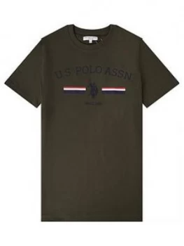 Image of U.S. Polo Assn. Boys Striped Rider Print Short Sleeve T-Shirt - Khaki