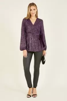 Image of Purple Sequin Wrap Top With Velvet Tie