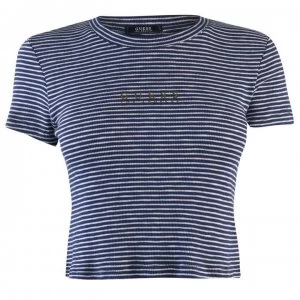 Image of Guess Cropped Stripe T Shirt Womens - Blue AND WHT