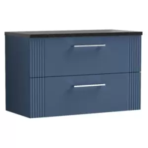 image of Nuie Deco Satin Blue 800mm Wall Hung 2 Drawer Vanity Unit with Sparkling Black Laminate Worktop - DPF395LSB - Satin Blue