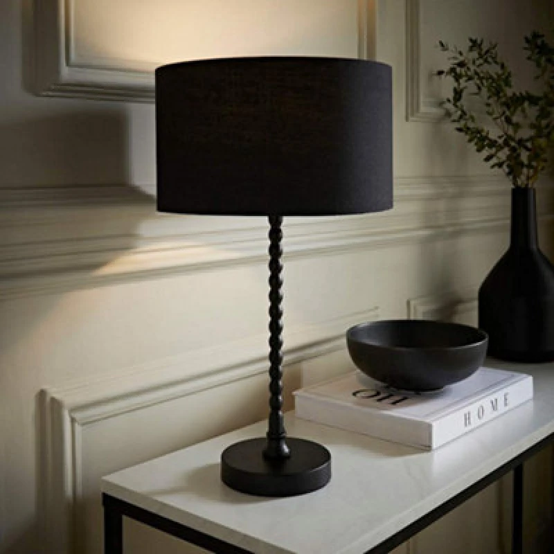 Image of ValueLights ValueLights Maeve Fabric Drum Lamp Shade Matte Black Bobbin Bobble Table Lamp Black One Size Unisex 5059406065163