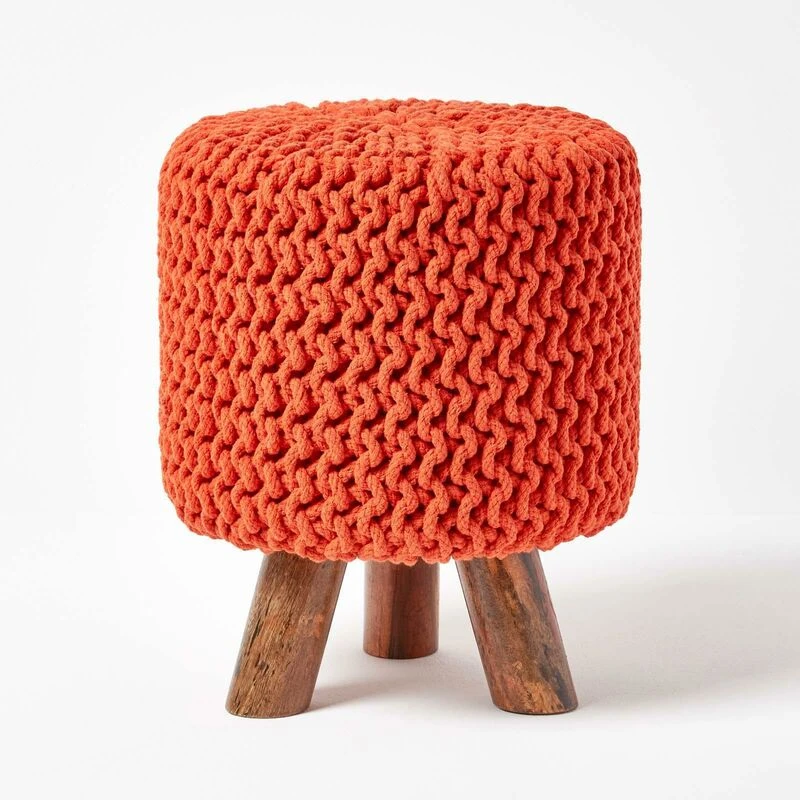 Image of Homescapes Tall Cotton Knitted Footstool on Legs Burnt Orange