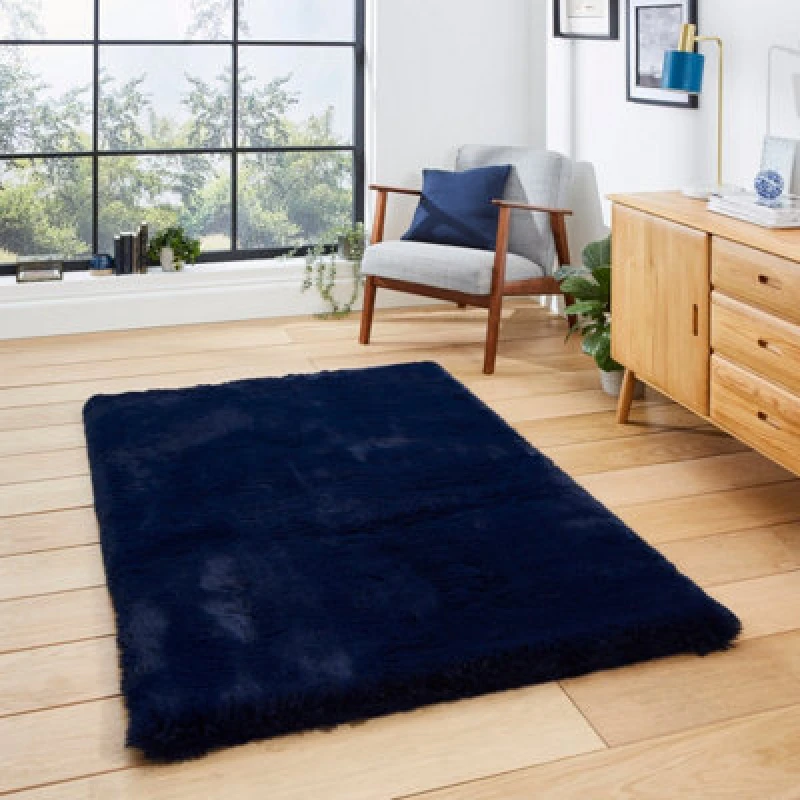 Image of Super Teddy Plain Shaggy Rug Navy