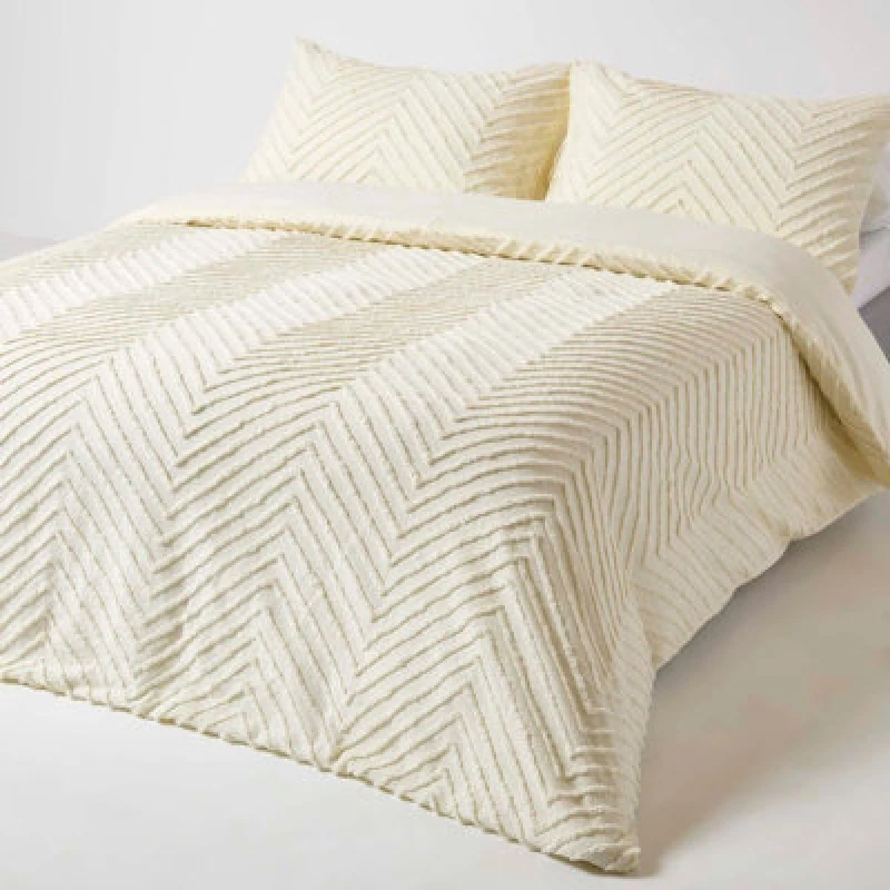 Image of Homescapes Off White Chevron Cotton Tufted Duvet Cover Set, Super King