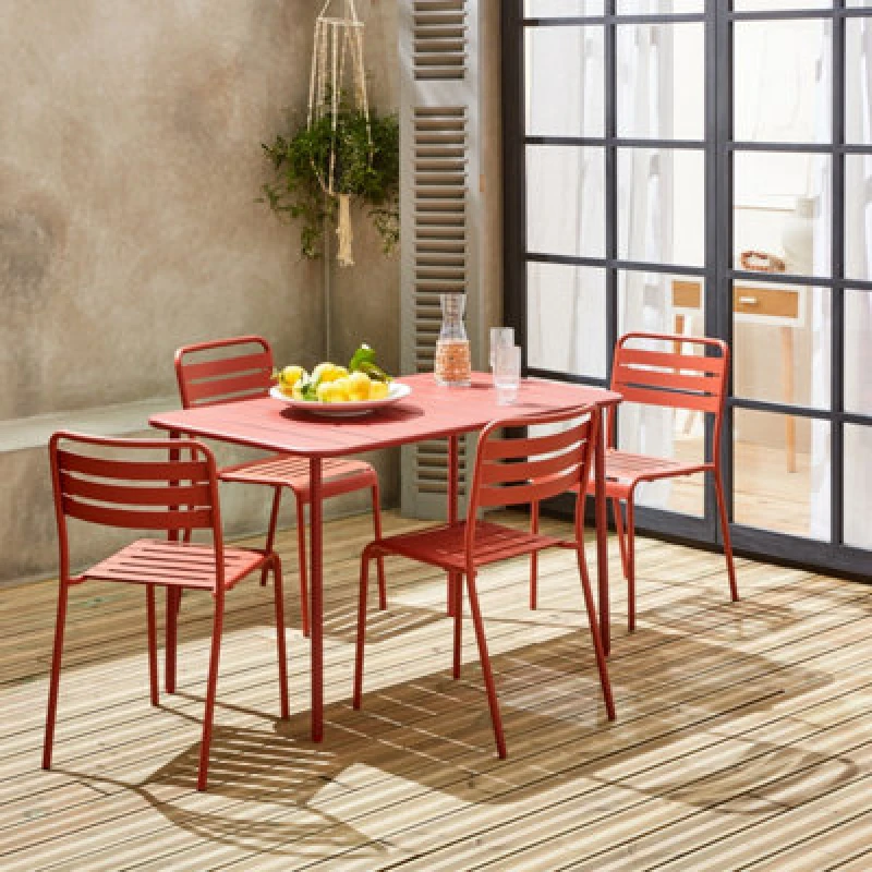 Image of Sweeek - 4-Seater Rectangular Steel Garden Table With 4 Chairs Terracotta 120X70X72.5cm - Amelia