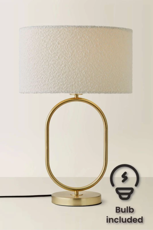 Image of ValueLights Antonia Cream Boucle Drum Shade Brushed Gold Oval Table Lamp with LED Bulb Gold Unisex