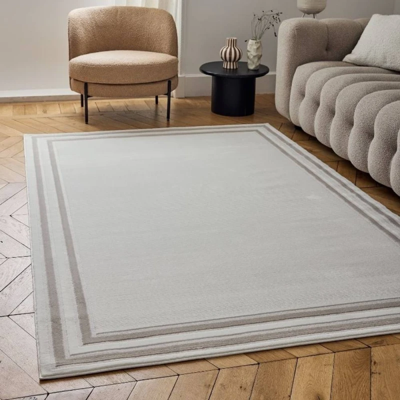 Image of THE RUGS Carmel Modern Area Rugs & Runners Bordered Design Soft Pile in Beige Size: 80cm x 300cm Beige Unisex 80cm x 300 cm