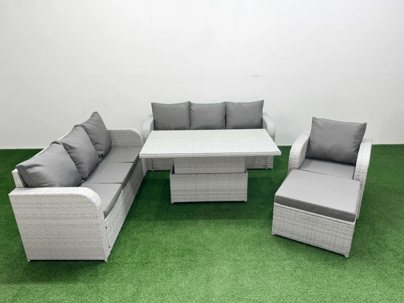 Image of Fimous 8 Seater Poly Rattan Outdoor Garden Furniture Adjustable Lifting Dining or Coffee Table Sofa Set Patio 3 Seater Sofa Reclining Chair 3 Seater S