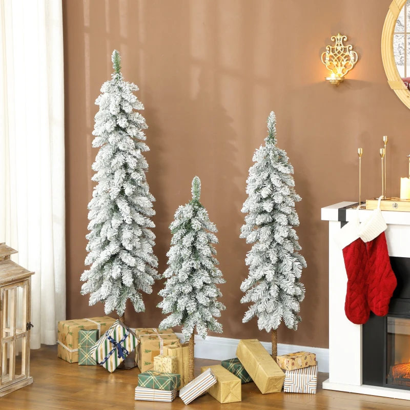 Image of HOMCOM HOMCOM Set of 3 Flocked Christmas Tree, Pencil Downswept Xmas Tree in Green Size: 5ft Green 5ft Unisex 5063603670884