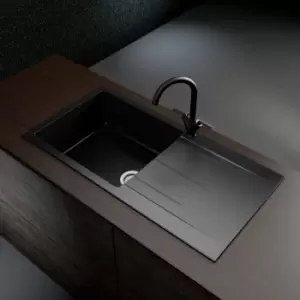 Image of Single Bowl Inset Black Granite Composite Kitchen Sink with Reversible Drainer - Enza Madison