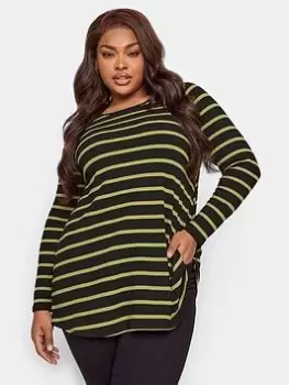Image of Yours Long Sleeve Rib Swing Stripe Top. Black/chartreuse, Black, Size 16, Women