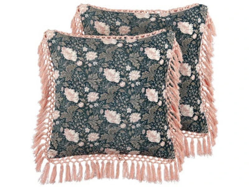 Image of Beliani Set Of 2 Decorative Cushions Parrotia Velvet 45 X 45cm Teal Floral Pattern
