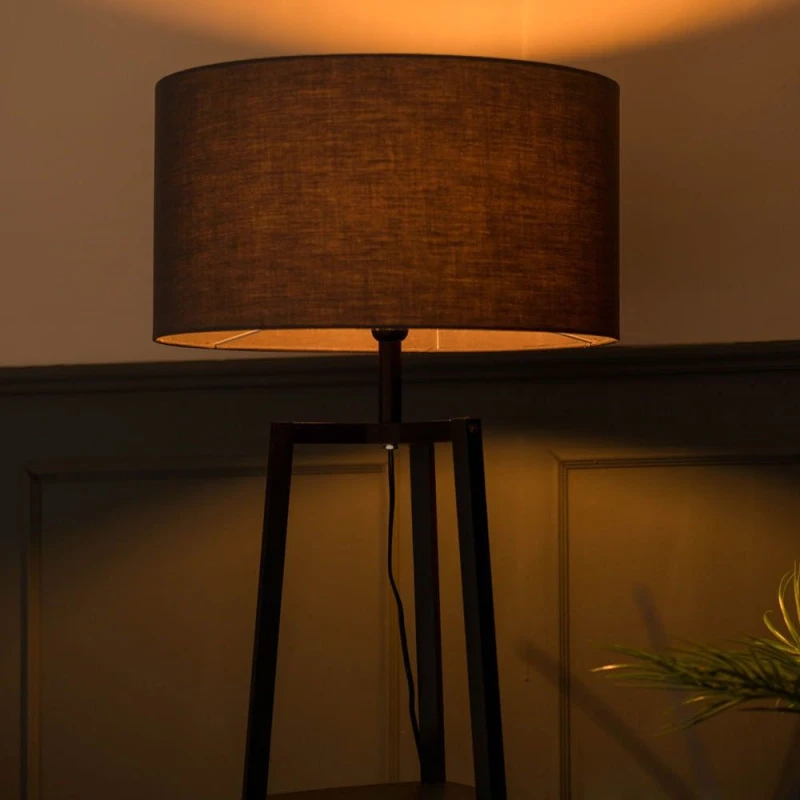 Image of ValueLights Hiru Matt Black 3 Tier Wooden Shelf Floor Lamp With Large Charcoal Shade Black