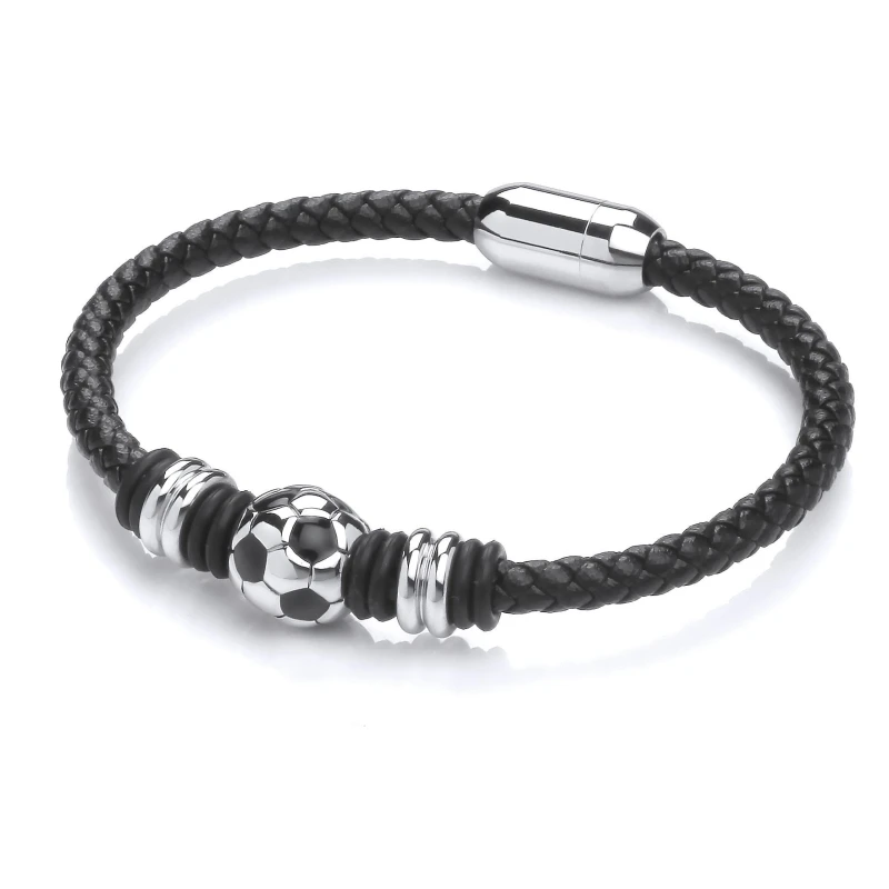 Image of Jewelco London Mens Leather Steel Classic 32 Panel Soccer Ball Bracelet 5mm 8" - BRC200 Silver