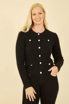 image of Black Cable Knit Cropped Button Up Cardigan