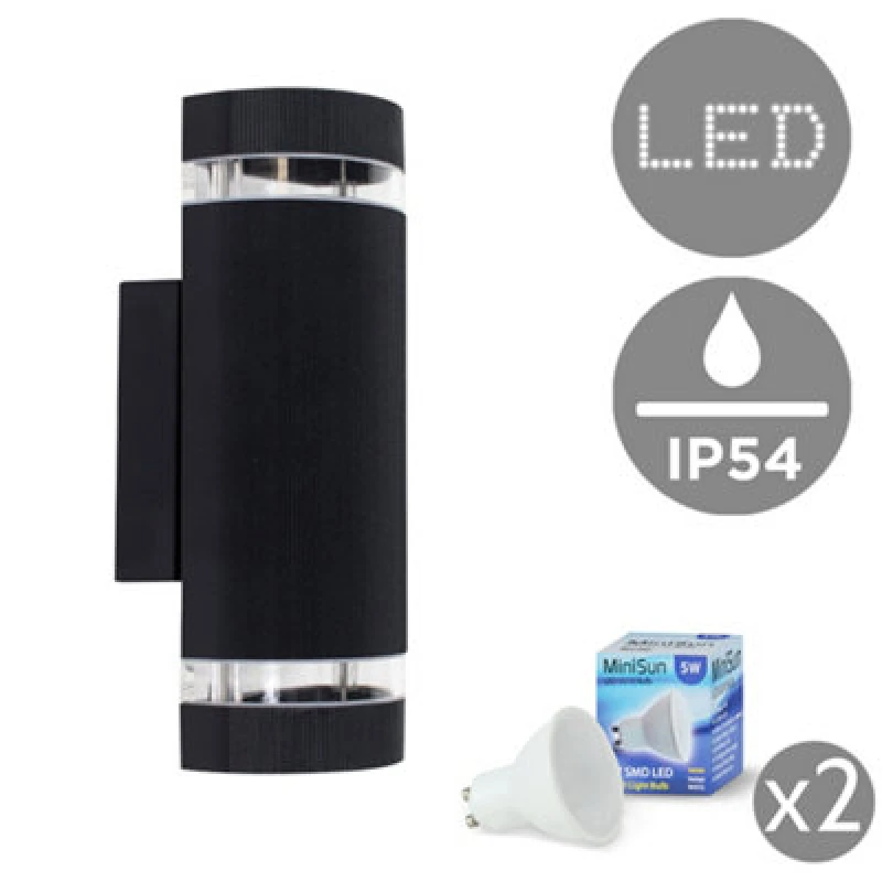 Image of Valuelights Ryston Aluminium Outdoor Ip54 Rated Black Ribbed Contrasting Glass Shade Wall Light Fitting With 5W Gu10 LED Bulbs