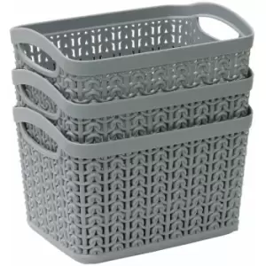 image of Knit Design Loop Plastic Set of 3 Rectangular Storage Baskets 1.5L, Grey 11 x 17 x 13cm - JVL